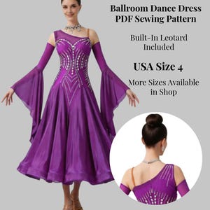 Pode incluir: Um vibrante vestido de baile roxo com um collant embutido. O vestido apresenta um design de um ombro, corpete adornado e saia fluida. A imagem também inclui o texto "Ballroom Dance Dress PDF Sewing Pattern" e "USA Size 4".