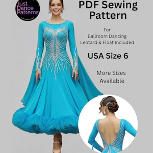 Könnte beinhalten: Türkisfarbenes Ballkleid mit langärmligem Leotard und Flatterrock mit Federbesatz. Das Kleid ist mit silbernen Strasssteinen verziert. Das Bild enthält den Text "PDF Sewing Pattern" und "USA Size 6".