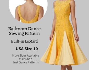 Puede incluir: Un vestido de baile de salón amarillo con leotardo incorporado, con un corpiño sin mangas adornado con cristales y una falda acampanada con paneles de color amarillo claro. El texto dice Ballroom Dance Sewing Pattern, Built-in Leotard, USA Size 10.