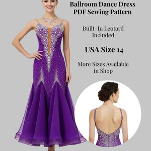 May include: A vibrant purple ballroom dance dress with a built-in leotard, embellished with sparkling details. The dress has a flowing skirt and a detailed bodice. The image includes the text "Ballroom Dance Dress PDF Sewing Pattern" and "USA Size 14".
