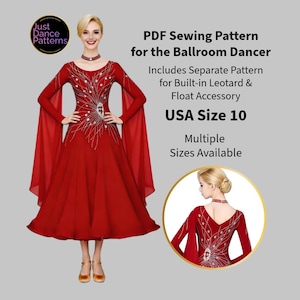May include: A red ballroom dancer dress with long sleeves and a flowing skirt. The dress features intricate silver and crystal embellishments on the bodice. The image includes text that says "PDF Sewing Pattern for the Ballroom Dancer".
