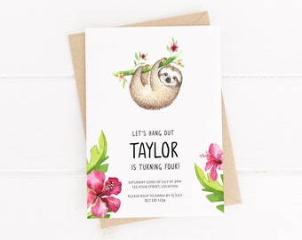 Let's Hang Out - Sloth and Jungle Themed Birthday Part Invitation with Tropical Flowers - 5x7 Editable and Printable Digital Download