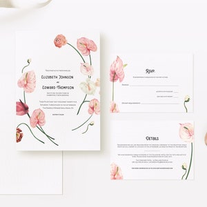 Suite d&#39;invitations de mariage de printemps avec couronne florale rose et blanche (lys arum) - Comprend RSVP et cartes de détails (téléchargement numérique modifiable)