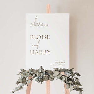 Signo de bienvenida de boda clásico beige y blanco - Plantilla de signo de bienvenida editable - Corjl - Descarga instantánea N018