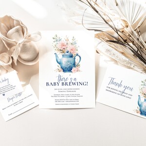 Baby Shower Invitation - There&#39;s a Baby Brewing -  High Tea Baby Shower - Editable  - Instant Download - 5x7 - Blush and Navy