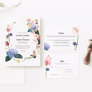 Suite d&#39;invitations de mariage de printemps avec couronne florale rose et bleue - Comprend RSVP et cartes de détails (téléchargement numérique modifiable)