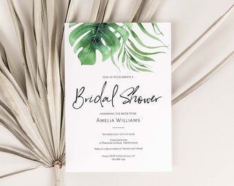 Editable Green Tropical Bridal Shower Invitation With Handwritten Style Font - Instant Download - 5x7 - A5 - B03