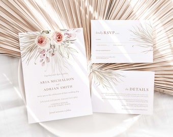 Suite d'invitations de mariage - Floral Boho / Boho Wedding Invitation Set avec RSVP et carte de détails - N022