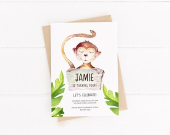 Let's Celebrate - Jungle and Monkey Themed Birthday Invitation for Kids - Editable and Printable 5x7 Invitation Template