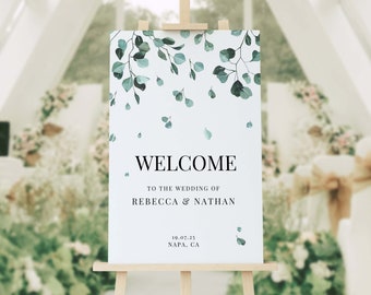 Wedding Welcome Sign -  Green Eucalyptus Editable Welcome Sign Template - Canva - Instant Download N012