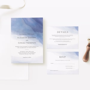 Ocean Blue Watercolor Wedding Invitation - 5x7 Printable Template - Beach Wedding Invite