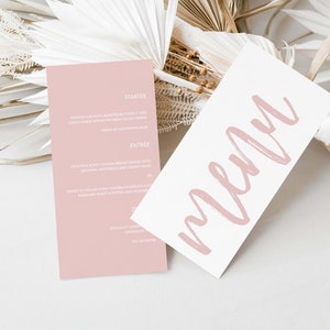 Bearbeitbares Blush Pink Menü mit handgeschriebener Schriftart - Hellrosa - Sofort Download - 10x18 und 10x9 - Hochzeitsmenü - Partymenü - Event N06