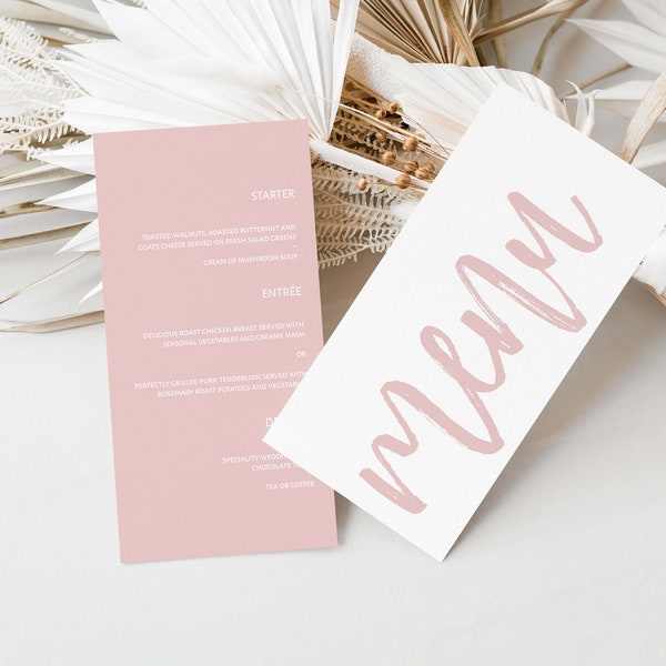 Menu rose blush modifiable avec police de style manuscrite - rose clair - téléchargement immédiat - 4 x 8 et 4 x 9 - menu de mariage - menu de fête - événement N06