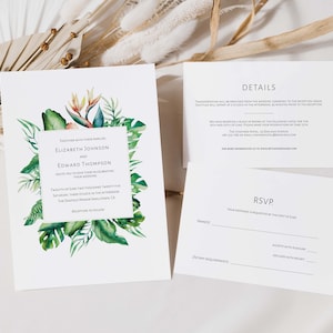 Suite d’invitation de mariage tropicale avec plantes et fleurs tropicales - comprend RSVP et cartes de détails (téléchargement numérique modifiable)