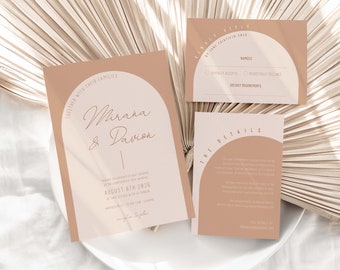 Arch Wedding Invitation Suite - Neutral Tones - Arched Beige Wedding Invitation Set with RSVP and Details Card - N04