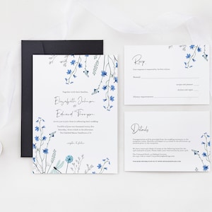Suite d&#39;invitations de mariage de printemps petites et fleurs bleues délicates - comprend les cartes RSVP et détails (téléchargement numérique modifiable)