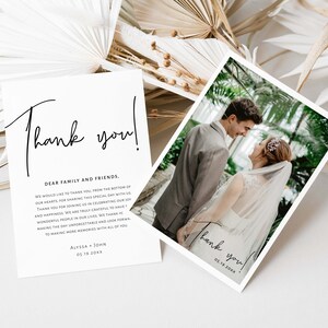 Modern Black and White Double Sided Flat Wedding Thank You Card with Photo - Editable Thank You Note Template - N016