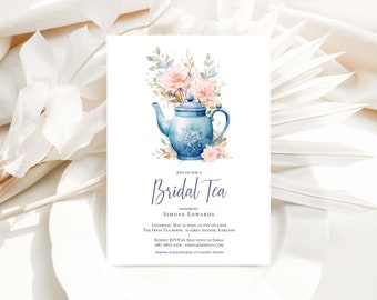 Editable Floral Bridal Tea Invitation - Instant Download - 5x7 - Blue and Pink / Blush and Navy