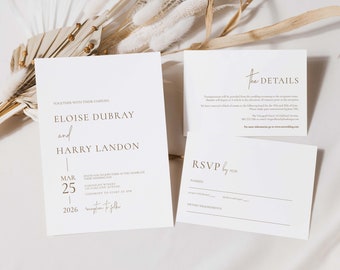 Classic Wedding Invitation Suite - Neutral Tones - White and Beige Wedding Invitation Set with RSVP and Details Card - N018