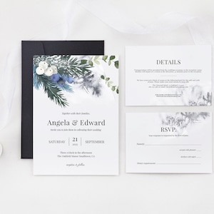 Frosty Blue and White Winter Wedding Invitation Suite - Comprend RSVP et cartes de détails - Modifiable et imprimable