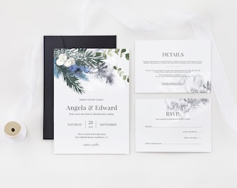 Frosty Blue and White Winter Wedding Invitation Suite - Includes RSVP and Details Cards - Editable and Printable