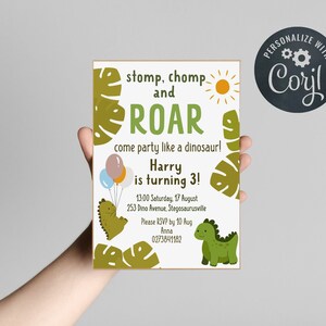 Editable Dinosaur - stomp, chomp and roar -  Themed Birthday Invitation. A cute dinosaur invitation