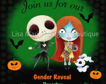 Nightmare Before Christmas Gender Reveal, Birth Announcement, Party Invite, Card (green) - Digital