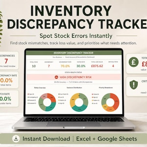 Könnte beinhalten: Ein Laptop zeigt einen Inventarabweichungs-Tracker mit Datenvisualisierungen. Der Bildschirm zeigt die Gesamtartikel, die Abweichungsrate und den Verlustwert. Der Text lautet "Inventory Discrepancy Tracker" und "Spot Stock Errors Instantly."