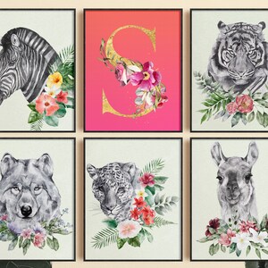 Safari Animal Prints, Conjunto de 6 estampados de animales, set de 6 estampados de póster con carta personalizada, Safari Floral Animal