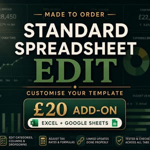 Könnte beinhalten: Ein digitales Grafikdesign mit dem Text "STANDARD SPREADSHEET EDIT" in Weiß und Grün. Das Bild enthält Finanzdatenvisualisierungen, wie Diagramme und Grafiken, sowie den Text "£20 ADD-ON" mit Excel- und Google Sheets-Logos. Der Satz "MADE TO ORDER" ist ebenfalls vorhanden.