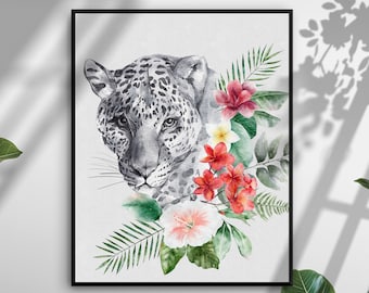 Leopard Print, Leopard Poster, Jungle Print, Leopard Wall Art, Tropical Leopard, Leopard and Flowers, Jungle Poster