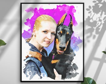 Pet and Owner Portrait, Dog and Owner Portrait, Digital Pet Portrait, Portrait From Photo With Pet, Dog Mom Portrait