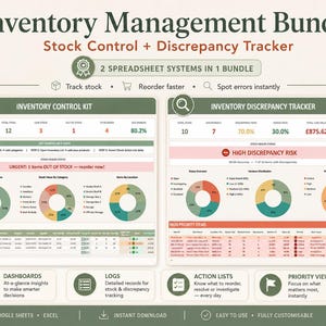 Könnte beinhalten: Digitales Inventory Management Bundle mit Lagerbestandskontrolle und Diskrepanz-Tracker. Das Bild zeigt zwei Tabellenkalkulationssysteme mit Diagrammen und Daten. Enthält Dashboards, Protokolle, Aktionslisten und Prioritätsansichten. Für kleine Unternehmen.