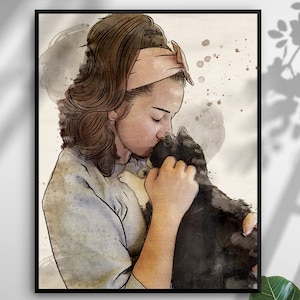 Watercolor Portrait of Pet with Owner, Dog and Owner Painting, Personalized pet and owner Portrait, Dog Mom Portrait, Cat Mom Portrtait