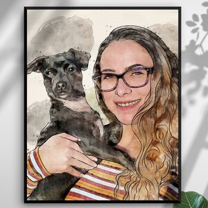 Gift For Dog Mom, Family Portrait With Pet, Pet Owner Portrait, Custom portrait of pet and owner, Pet Lover Present, Cat and Family Portrait