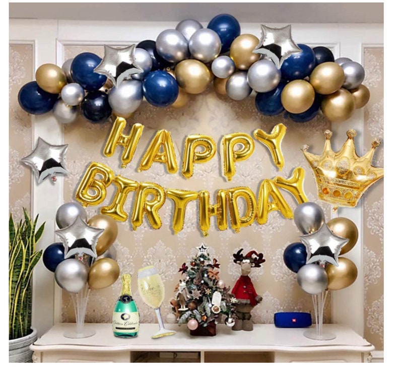 Birthday Party Decorations Blue Silver and Gold Party Balloons Etsy