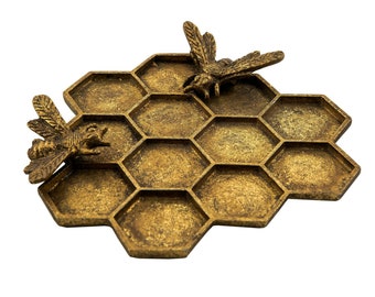 Girls Women's Pewter Gold Honeycomb Bee Trinket Jewellery Dish