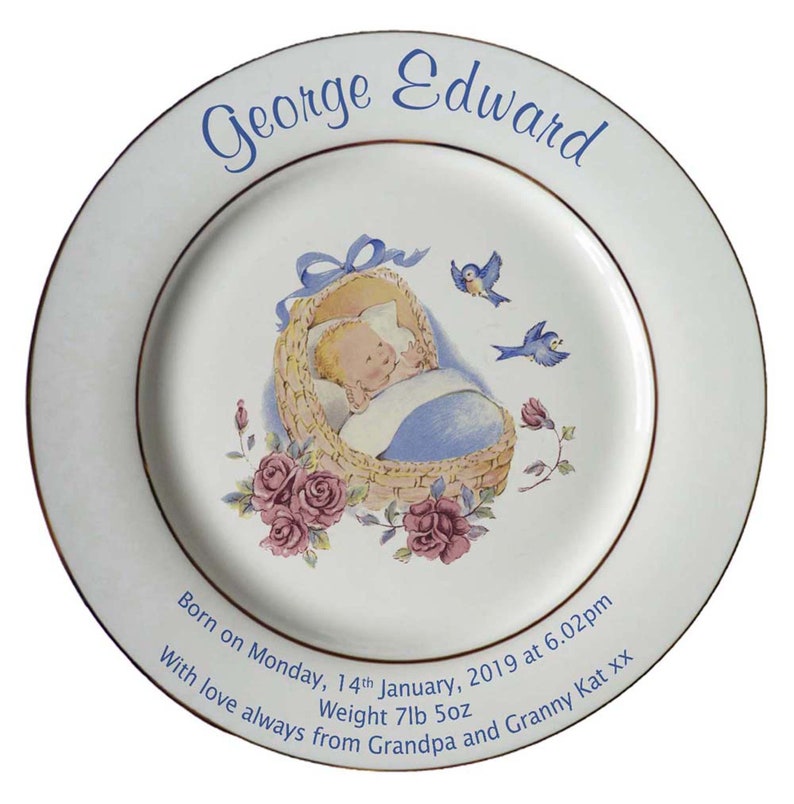 Personalised Baby Birth Or Christening Plate Blue Cradle Etsy