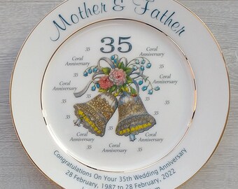 35th Anniversary (Coral) Personalised Gift - Fine Bone China Plate - Wedding Bells Design Optional Gift Box and/or Plate Stand