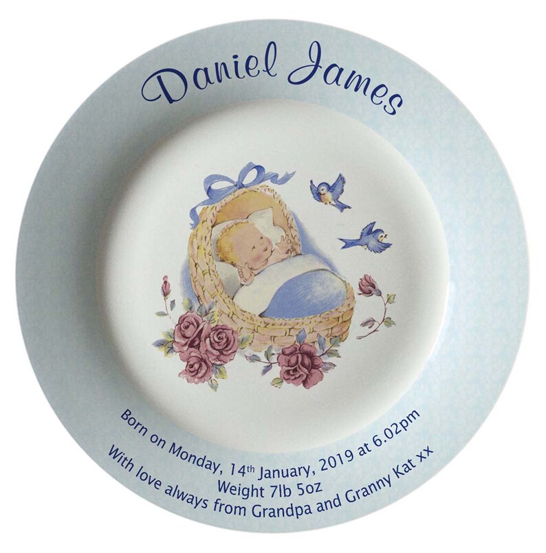 Personalised Baby Birth Or Christening Plate Blue Cradle Etsy
