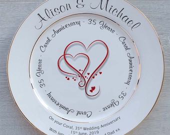 35th Anniversary (Coral) Personalised Gift - Fine Bone China Plate - Hearts Design - Optional Gift Box and/or Plate Stand