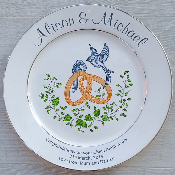 Personalised Anniversary Gift - Bone China - 2 Sizes - Any Wording -  Rings And Doves Design - Optional Gift Box, Plate Stand Or Hanger