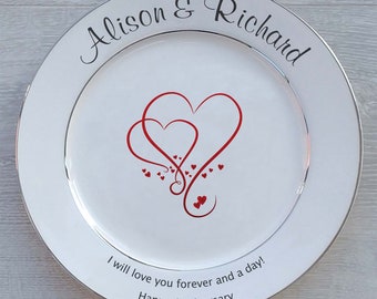 Personalised Fine Bone China Plate - 2 Sizes - Hearts Design For Any Anniversary or Wedding,  Optional Gift Box and/or Plate Stand or Hanger