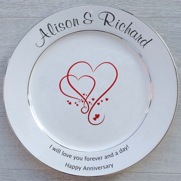 Personalised Fine Bone China Plate - 2 Sizes - Hearts Design For Any Anniversary or Wedding,  Optional Gift Box and/or Plate Stand or Hanger