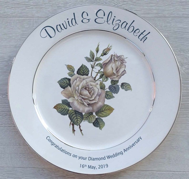 Personalised Diamond Wedding 60th Anniversary Gift Fine Bone China 2 Sizes 4 Designs Optional Gift Box, Plate Stand or Hanger 8" Roses Silver B's