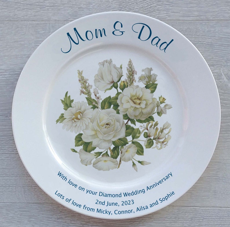 Personalised Diamond Wedding 60th Anniversary Gift Fine Bone China 2 Sizes 4 Designs Optional Gift Box, Plate Stand or Hanger 10" Roses Plain Rim