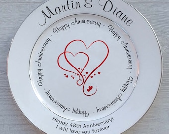 Personalised Anniversary Gift - Fine Bone China - ANY Anniversary - 2 Sizes -Hearts Design - Optional Gift Box, Plate Stand Or Plate Hanger