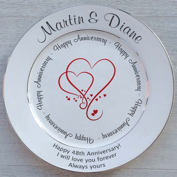 Personalised Anniversary Gift - Fine Bone China - ANY Anniversary - 2 Sizes -Hearts Design - Optional Gift Box, Plate Stand Or Plate Hanger