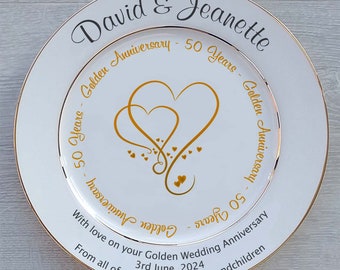 Personalised Golden Wedding (50th Anniversary) Gift - Fine Bone China Plate - 2 Sizes - 4 Designs - Optional Gift Box, Plate Stand Or Hanger