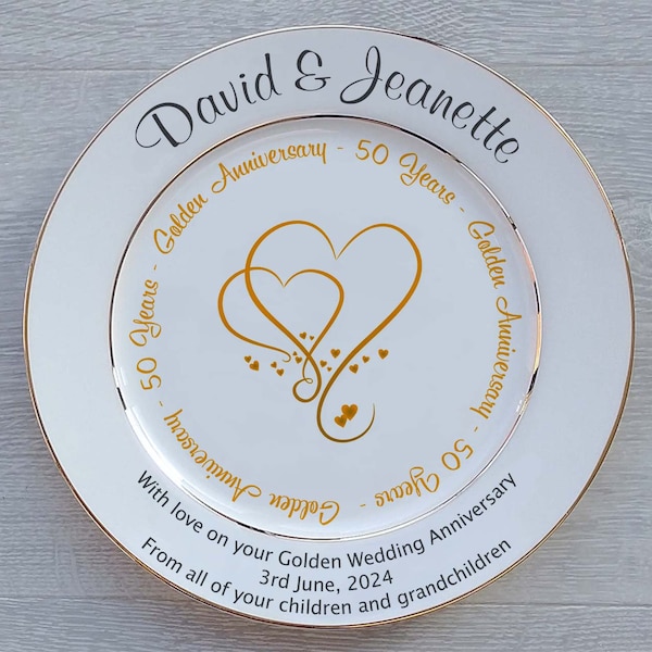 Personalised Golden Wedding (50th Anniversary) Gift - Fine Bone China Plate - 2 Sizes - 4 Designs - Optional Gift Box, Plate Stand Or Hanger